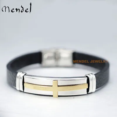 MENDEL Mens 7 Inch Christian Cross Leather Bracelet Stainless Stainless For Men • $10.99
