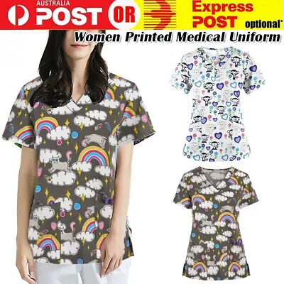 $5.95 • Buy Womens Printed Medical Uniform Nursing T-Shirt Scrub Short Sleeve Pocket Tops AU