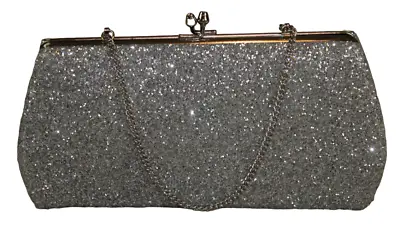 Vintage Silver Glitter Metallic Clutch Evening Party Bag Purse With Chain Glam • $14.95