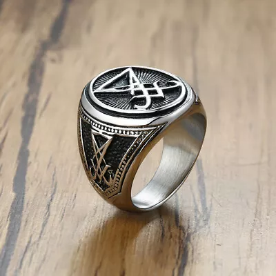 Sigil Of Lucifer Seal Satanic Men's Signet Ring Dome Band Amulet Stainless Steel • $10.97