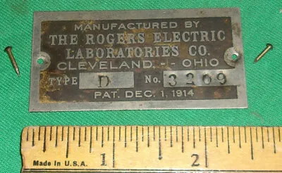 Rogers Electrical Laboratories Violet Ray Device FACTORY NAMEPLATE (1918) Type D • $14.99