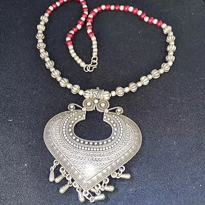 Beaded Moroccan Necklace Filigree Red Beads Silver Tone • $25