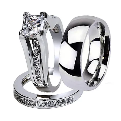 3 Pcs His & Hers Stainless Steel Wedding Engagement Matching Ring Band Set • $29.49