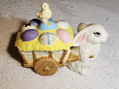 Vintage Easter Cookie Jar Canister Bunny Rabbit Pulling Cart Ceramic • $24.99