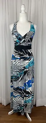 Soma Womens Sz S Black Blue White Palm Leaf Print Soft Halter Maxi Dress Vneck • $14.99