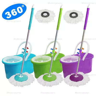 360° Rotating Head Easy Spin Dry Floor Mop Bucket + 2x Head Microfiber Spinning • $28.99