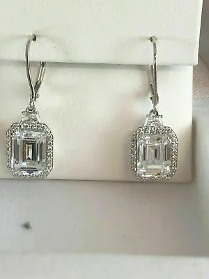 4Ct Emerald Cut Sparkle Moissanite Drop & Dangle Earrings 14K White Gold Finish • $134.46