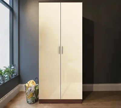 REFLECT 2 Door Wardrobe 180cm Tall Bedroom Storage In Cream Gloss + Walnut • £128.24