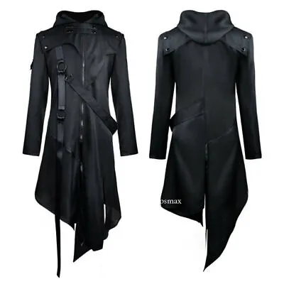 Gothic Men's Steampunk Trench Coat Punk Long Cosplay Black Jacket Outwear Hoodie • $32