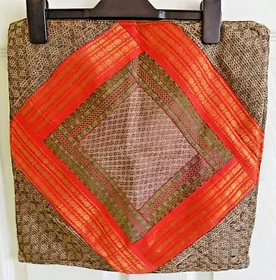 Vintage Cushion Cover Satin Boho Ethnic Indian Pattern Gold / Red /15 X 16 In • £5.99