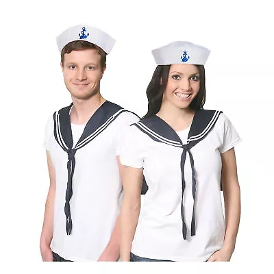 Unisex Sailor Hat & Neck Scarf Doughboy Nautical Costume Set Navy Fancy Dress • £8.99