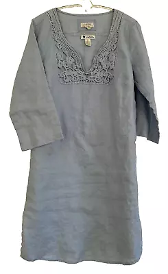 Malvin I Love Linen 3/4 Sleeve 100% Linen Tunic Dress Embroidered Blue Large • $24