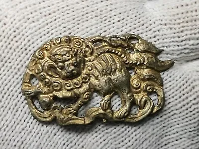 J25  Chinese QING DYNASTY Gilt Silver Foo Dog Hat Accessories.清代银鎏金帽花 57×32mm • $72