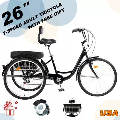 Adult Tricycle 26  7-Speed 3-Wheel Trike Bicycle Bike Cruise W/ Basket  Black • $189.89