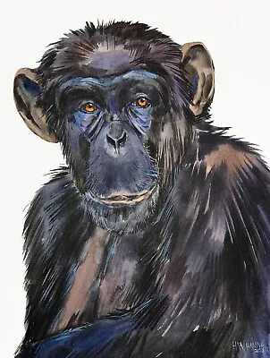 Chimpanzee Portrait Monkey Animal Drawing Original Watercolor Painitng • $46.99