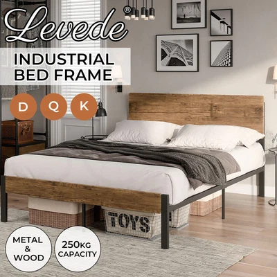 $199.99 • Buy Levede Metal Bed Frame Mattress Base Wood Headboard King Double Queen Industrial