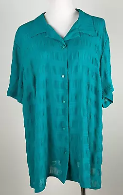 MAGGIE BARNES S/S Crinkle Gauze Button Front Blouse (Semi-Sheer) - 3X Green • $22.99