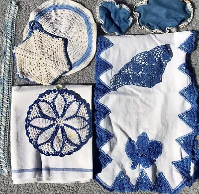 $25 • Buy 9 VTG Hand Made USA Crocheted Doilies Trim Linen Table Cloth MCM Boho Blue Antq