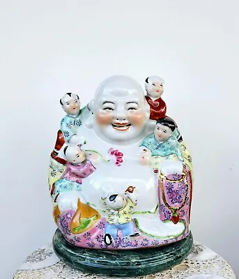 Chinese Export Porcelain Figurines Laughing Buddha With Children Femaly Rose 9  • £95.01