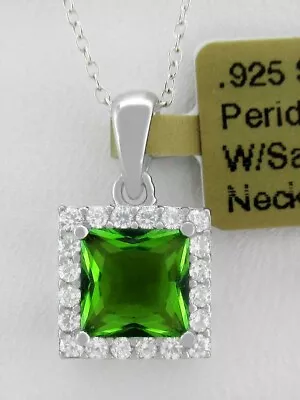 LAB CREATED 1.16 Cts PERIDOT & WHITE SAPPHIRES PENDANT NECKLACE .925 Silver -NWT • $0.99