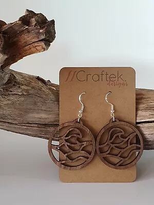 Wooden Earrings Laser Cut Round Mosaic Wave Design Drop/Dangle Style B4 • $20