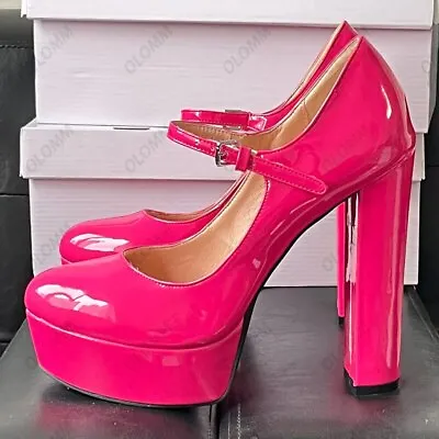 Women Shiny Pumps Chunky High Heels Round Toe Purple Dress Shoes • £96.47