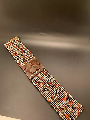 Vintage Wide Brilliant Multicolored Stretch Beaded Belt W/wooden Buckle Flower • $24