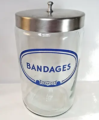 Vintage Glass Jar GRAFCO BANDAGES Apothecary 7 3/4  Tall W/Lid Storage Display • $20