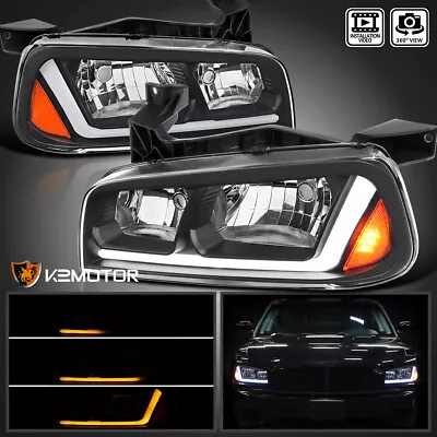 Black Fits 2006-2010 Dodge Charger Headlights Lamps Switchback LED Signal Strip • $179.38