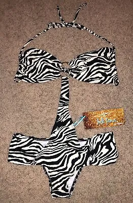 LULI FAMA Babalu Big Ring Zebra Print Black White Monokini 1pc Swimsuit Womens M • $112.42