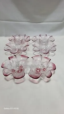 3 Mikasa Frosted Rosella Pink Glass Double Bowl Candy Dish Footed Ruffle Vintage • $40