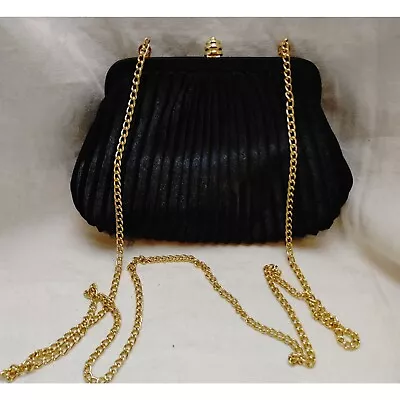 Sasha Vintage Purse Handbag Clutch Black Satin Pleated Gold Chain Strap • $16