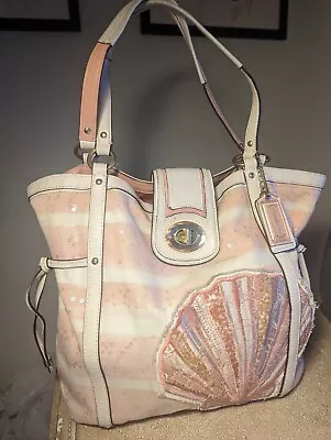 COACH AUDREY Nautical Beaded Sea Shell Canvas Tote Shoulder Bag Purse • $85