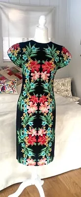 Marc Bouwer Hybrid Bodycon Dress Tropical Hawaii Flowers 10 Black Colorful • $25