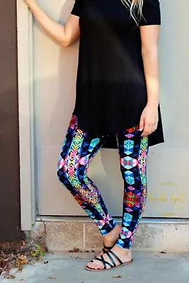 Legging Black With Multi Color Geometric Patterns Womens Size S-L (2-12) • $9.99