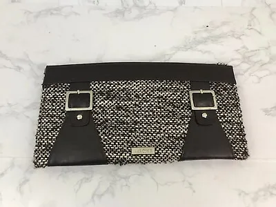 Miche Trifold Clutch Wallet Faux Leather Stitch Knit Brown White 16X11X5 Purse O • $14.94