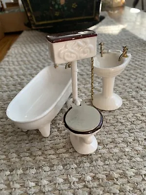 Vintage Dollhouse Miniature Porcelain White Bathtub Toilet Sink Japan • $12