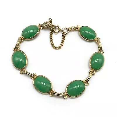 Vintage Gold Tone Green Cabochon Glass Link Safety Chain Ladies Bracelet 7  • $24.99