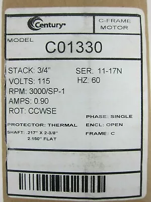 Century AO Smith C-Frame Motor 3000 RPM 120V Shaft Length 2.37  Part # C01330 • $29.75