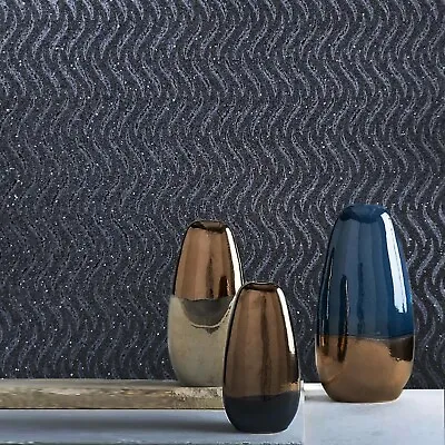 Real Natural Mica Vermiculite Charcoal Gray Silver Metallic Wave Lines Wallpaper • $222.18