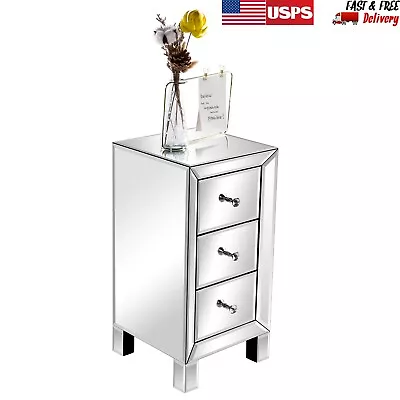 Modern Contemporary Silver Mirrored 3-Drawers Bedroom Nightstand Bedside Table • $112.95