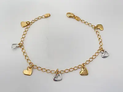 9ct Gold Hallmarked 2 X Colour Gold Heart Charm Bracelet. Goldmine Jewellers. • £199