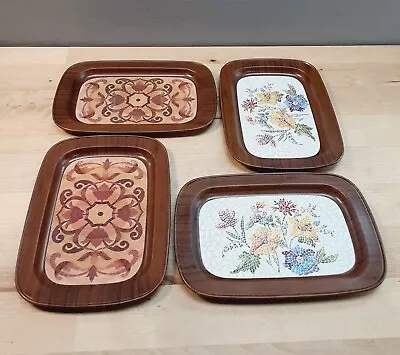 MidCentury Metal Trinket Trays - 2 Floral Mosaic & 2 Wood Inlay Patterns - 7 X5  • $25