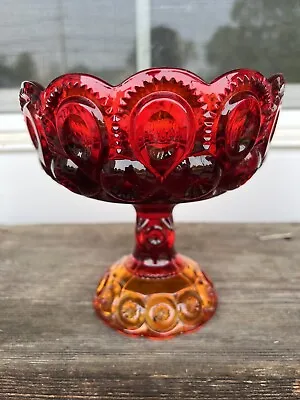 Vintage Moon And Stars Red Amberina Footed Compote Candy Dish Scalloped Rim • $18