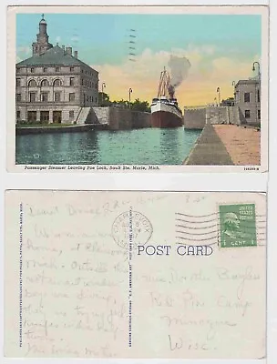 TurtlesTradingPost- Charlevoix MI  1947-  Ship At Sault Ste. Marie MI Postcard • $2.49