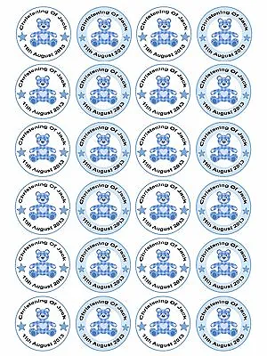 24 X Personalised Christening Baptism Baby Shower Boy Teddy Cake Cupcake Toppers • £2.09