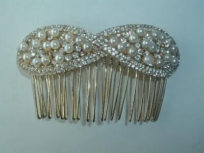 Vintage Faux Pearl & Rhinestone Gold Tone Metal Slide Hair Comb Hair Accessory • $25