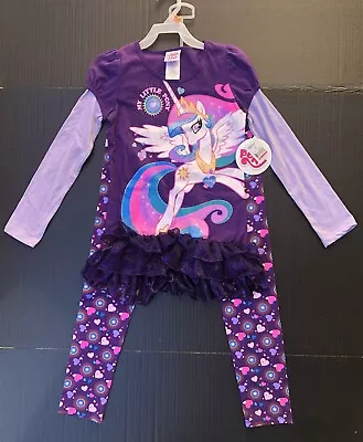 My Little Pony Celestia M 7/8 ~ Sparkle Tutu Tunic Top + Leggings Purple Hearts • $14.95