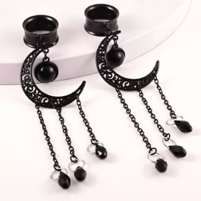 Pair Dangle Black Chain Moon Ear Tunnels Ear Gauges Plugs Body Jewelry Piercings • $16.37