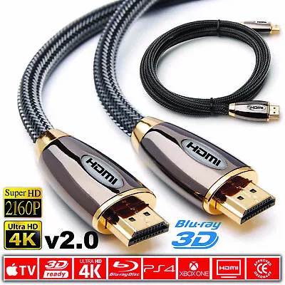 Premium 4k Hdmi Cable 2.0 High Speed Gold Plated Braided Lead 2160p 3d Hdtv Uhd • £7.14
